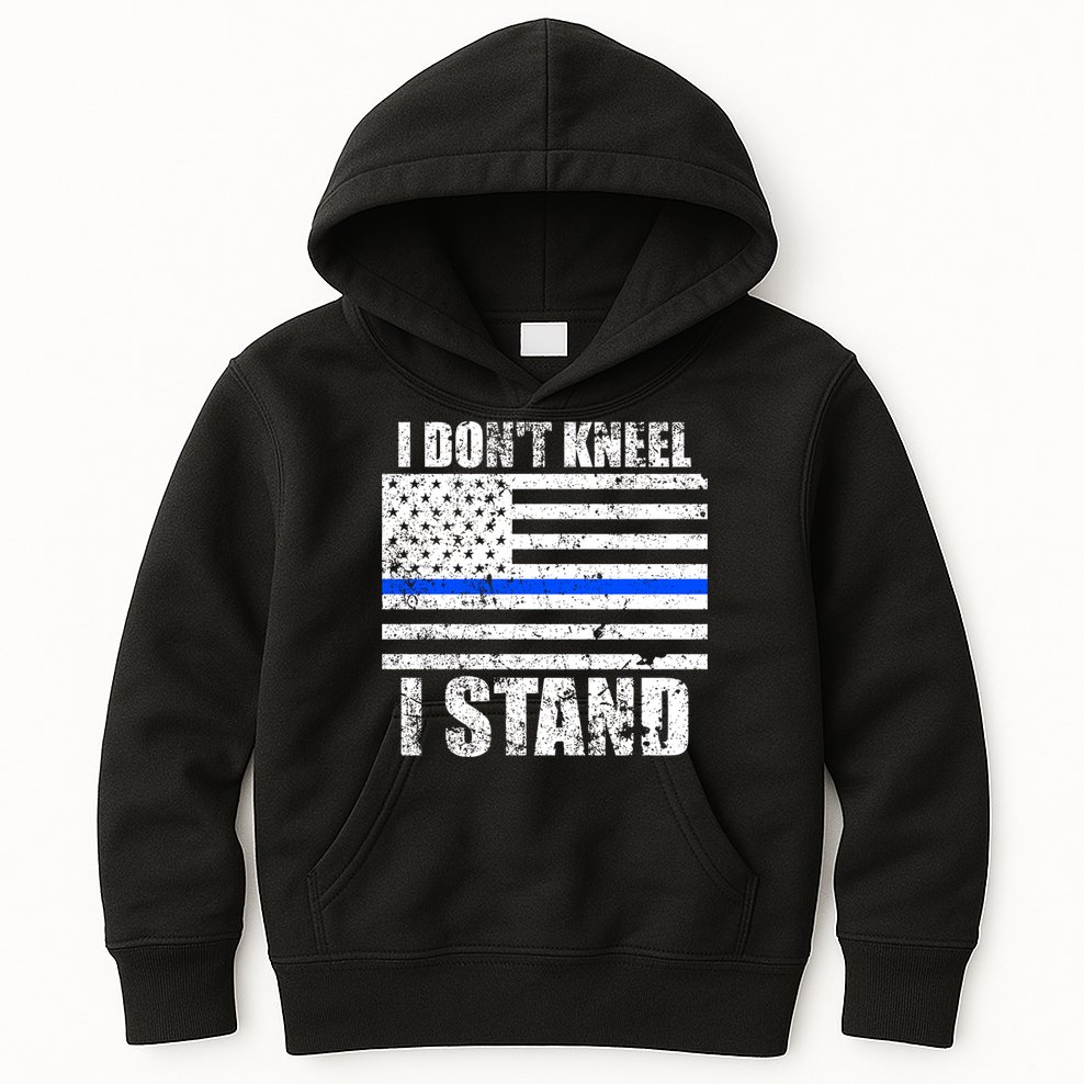 I Dont Kneel I Stand USA Blue Line Flag Kids Hoodie