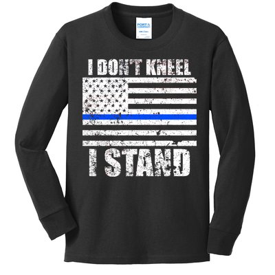 I Dont Kneel I Stand USA Blue Line Flag Kids Long Sleeve Shirt