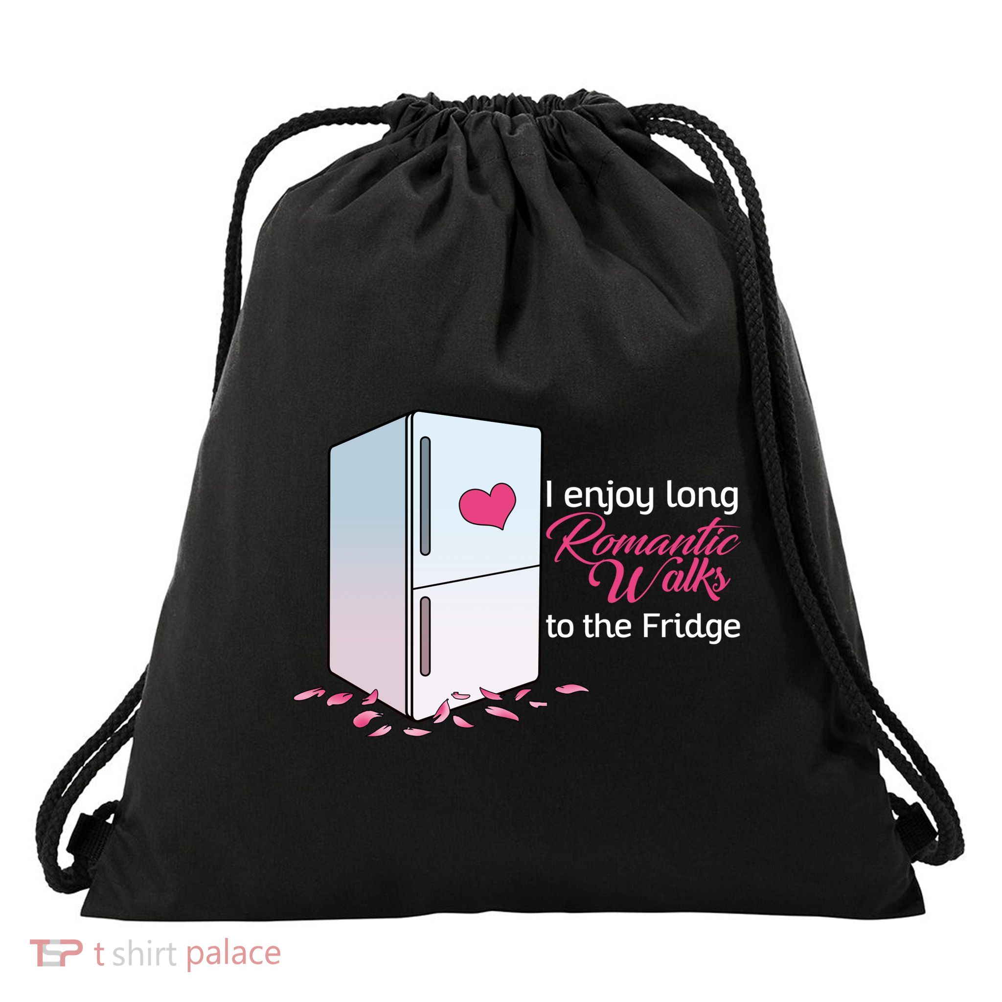 I Enjoy Long Romantic Walks To The Fridge Drawstring Bag