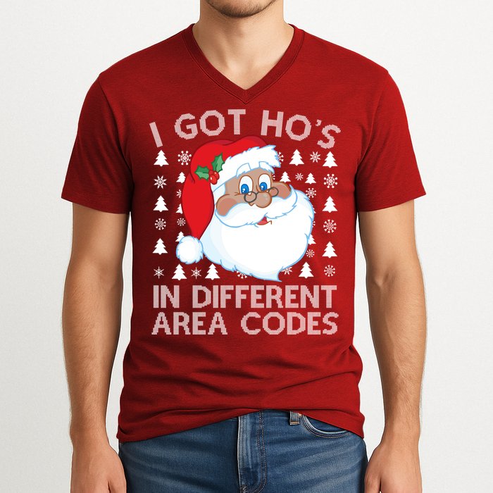 I Got Ho's In Different Aera Codes Santa Claus Ugly Christmas V-Neck T-Shirt