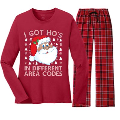 I Got Ho's In Different Aera Codes Santa Claus Ugly Christmas Women's Long Sleeve Flannel Pajama Set 