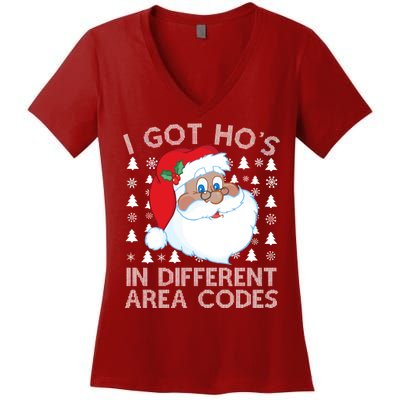 I Got Ho's In Different Aera Codes Santa Claus Ugly Christmas Women's V-Neck T-Shirt