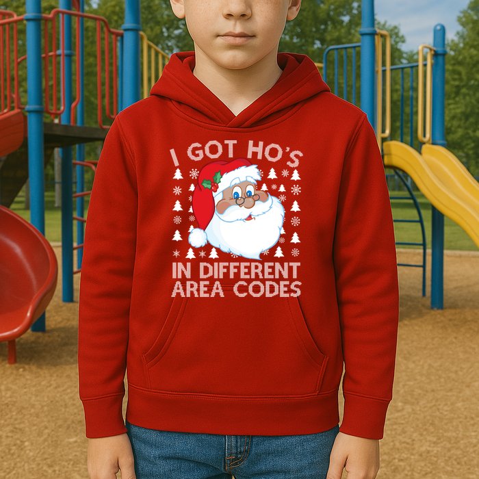 I Got Ho's In Different Aera Codes Santa Claus Ugly Christmas Kids Hoodie