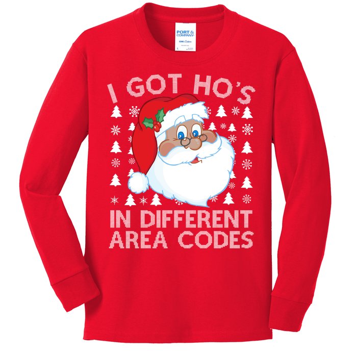 I Got Ho's In Different Aera Codes Santa Claus Ugly Christmas Kids Long Sleeve Shirt