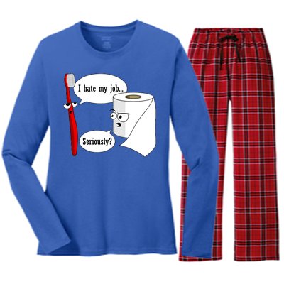 I Hate My Job Seriously Funny Toothbrush Toilet Paper Women's Long Sleeve Flannel Pajama Set 