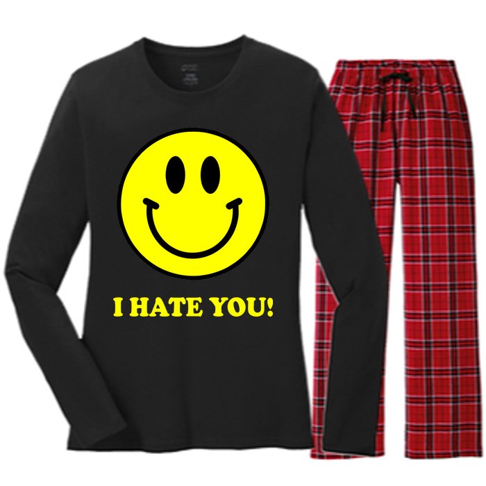 I Hate You Funny Smiley Face Emoji Women's Long Sleeve Flannel Pajama Set 