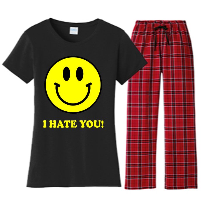 I Hate You Funny Smiley Face Emoji Women's Flannel Pajama Set