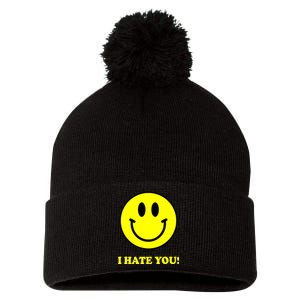 I Hate You Funny Smiley Face Emoji Pom Pom 12in Knit Beanie