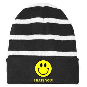 I Hate You Funny Smiley Face Emoji Striped Beanie with Solid Band