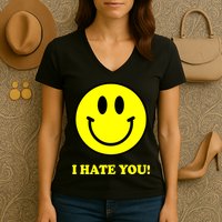 I Hate You Funny Smiley Face Emoji Women's V-Neck T-Shirt