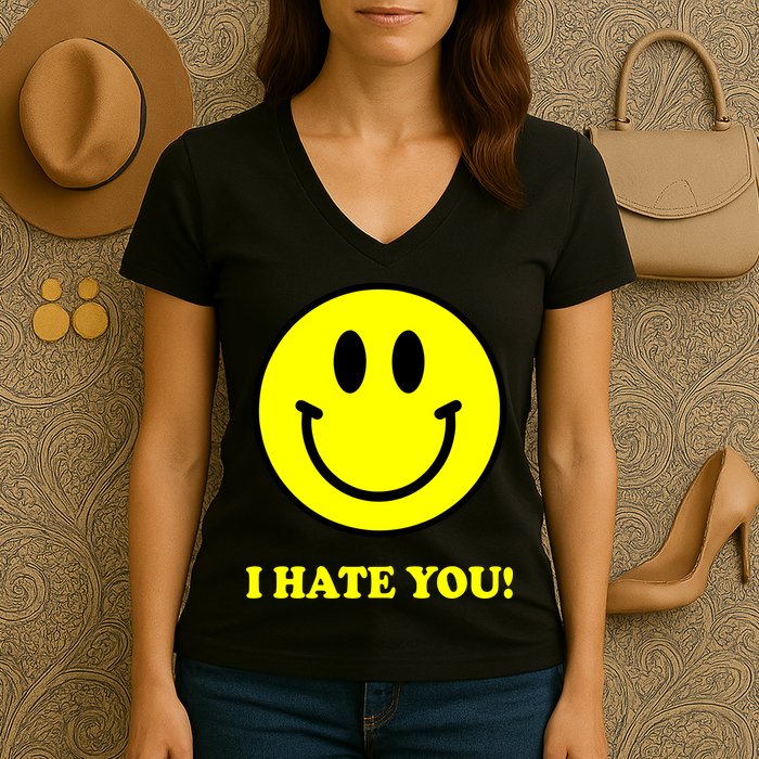 I Hate You Funny Smiley Face Emoji Women's V-Neck T-Shirt