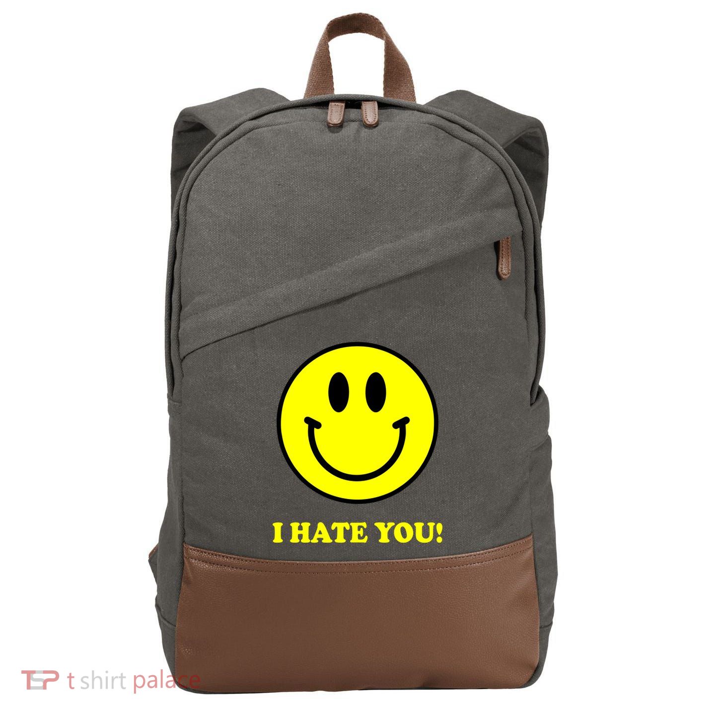 I Hate You Funny Smiley Face Emoji Cotton Canvas Backpack