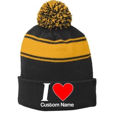 I Heart Custom Name Text Personalize Stripe Pom Pom Beanie