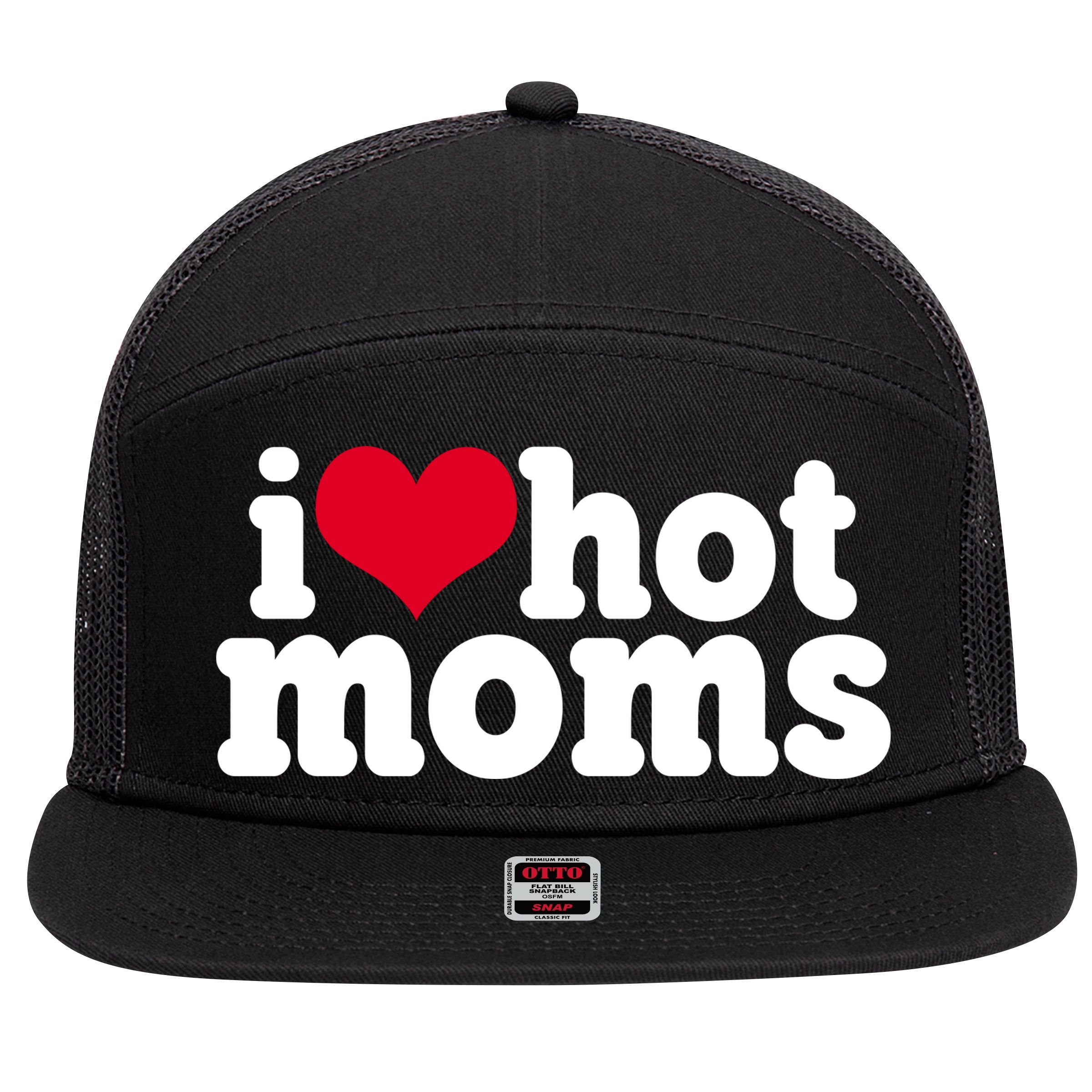 I Heart Hot Moms Funny Meme 7 Panel Mesh Trucker Snapback Hat