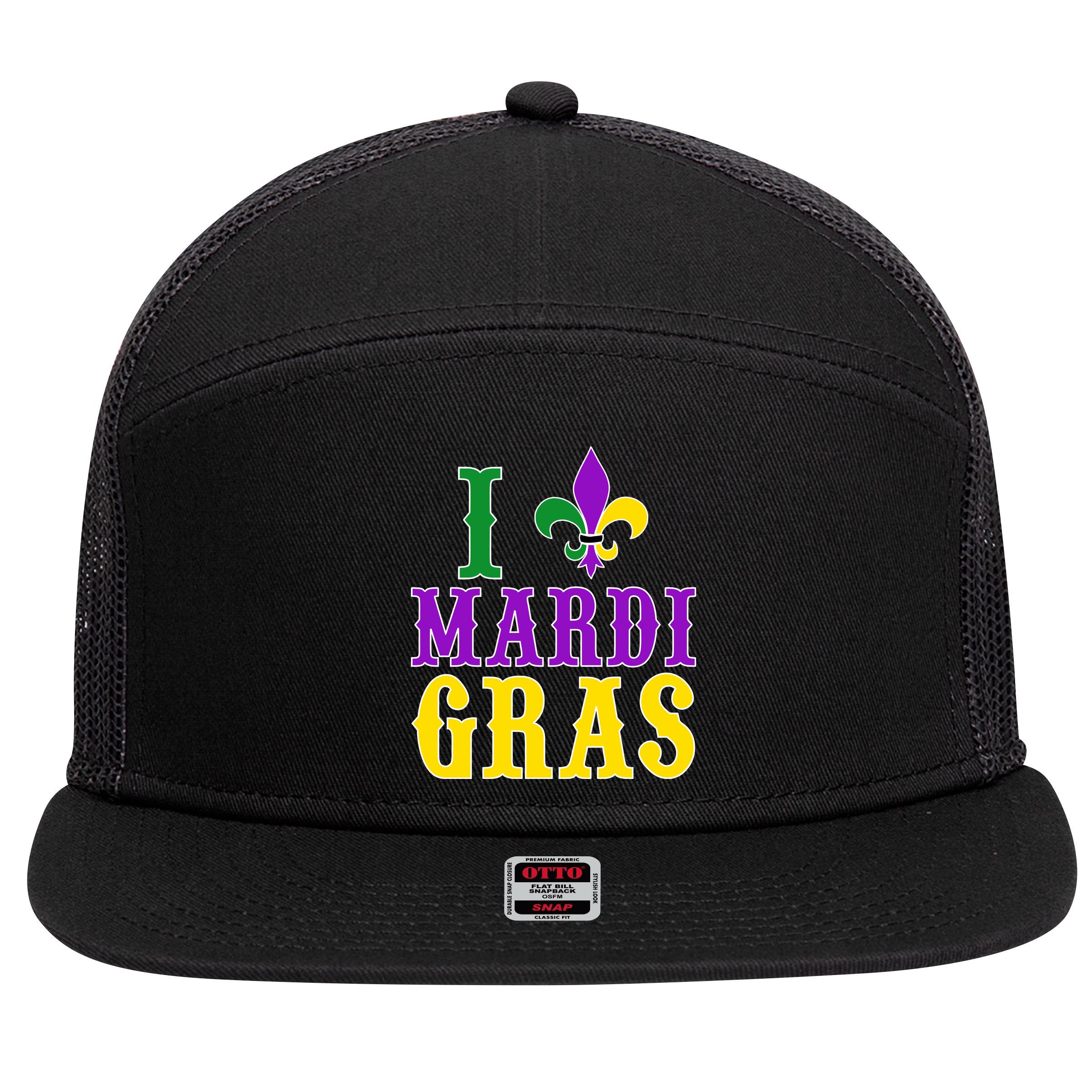 I Heart Mardi Gras 7 Panel Mesh Trucker Snapback Hat