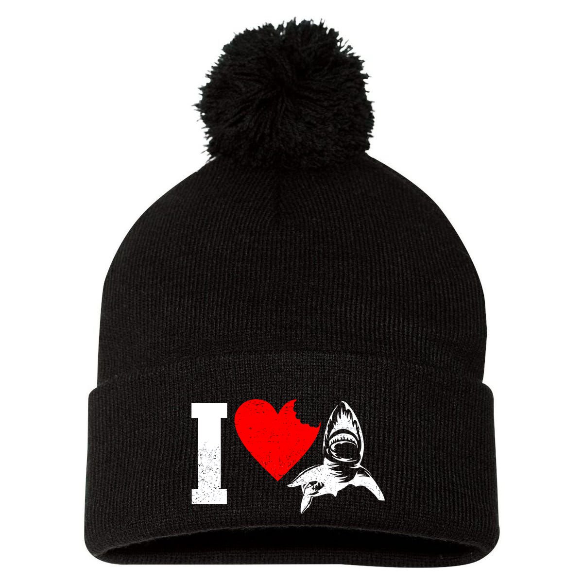 I Heart Sharks Pom Pom 12in Knit Beanie