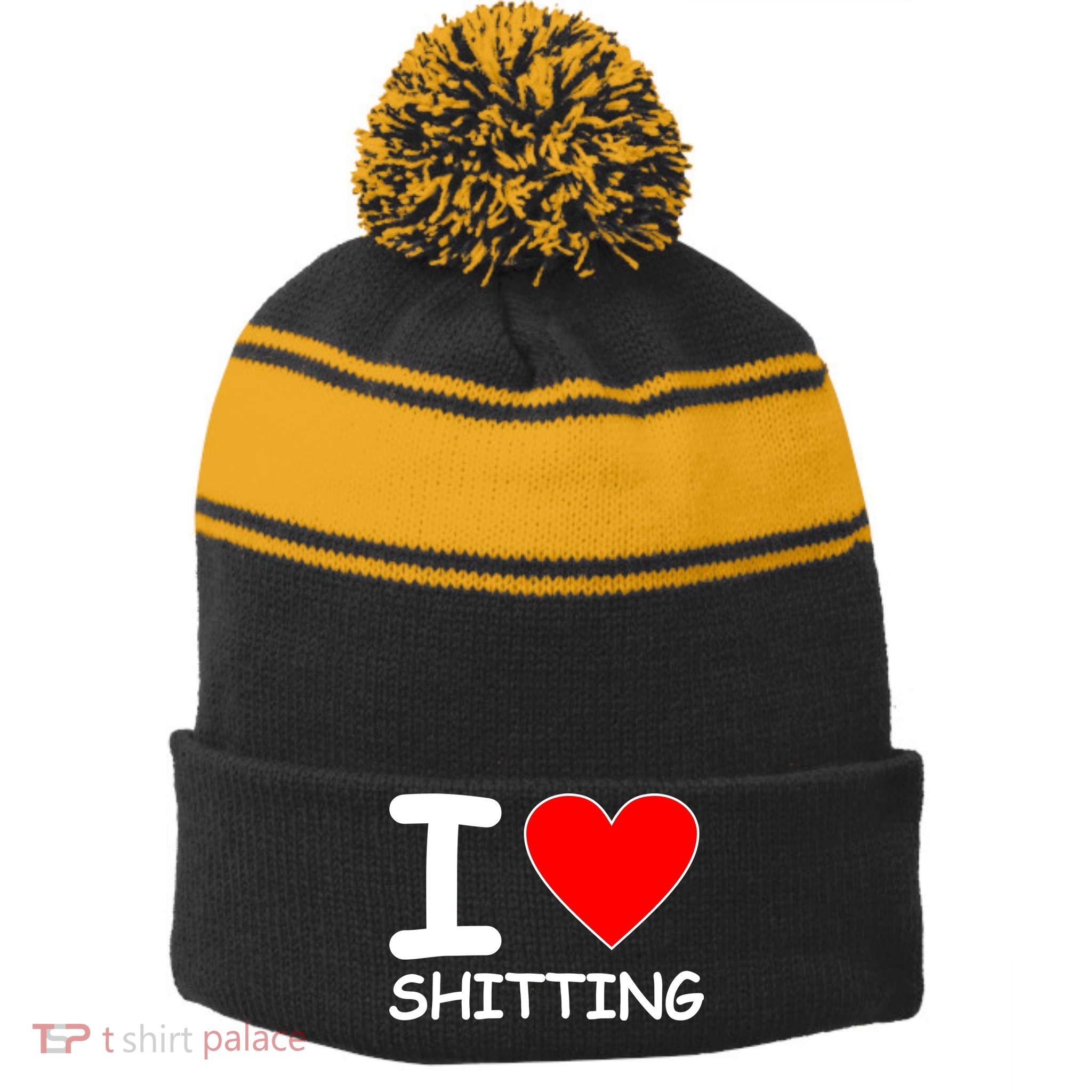I Heart Shitting Poop Stripe Pom Pom Beanie