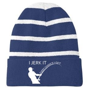 I Jerk It Funny Fishing Pole Striped Beanie with Solid Band