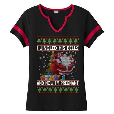 I Jingle His Bells Now I'm Pregnant Ugly Christmas Ladies Halftime Notch Neck Tee