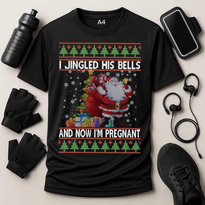 I Jingle His Bells Now I'm Pregnant Ugly Christmas Cooling Performance Crew T-Shirt