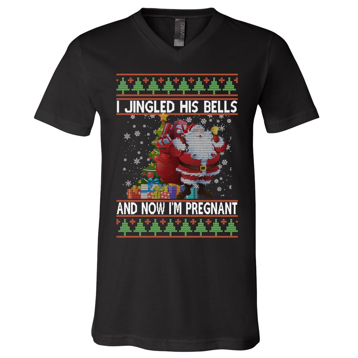 I Jingle His Bells Now I'm Pregnant Ugly Christmas V-Neck T-Shirt