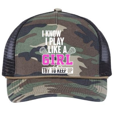 I Know I Play Like a Girl Try to Keep Up Lacrosse Retro Rope Trucker Hat Cap