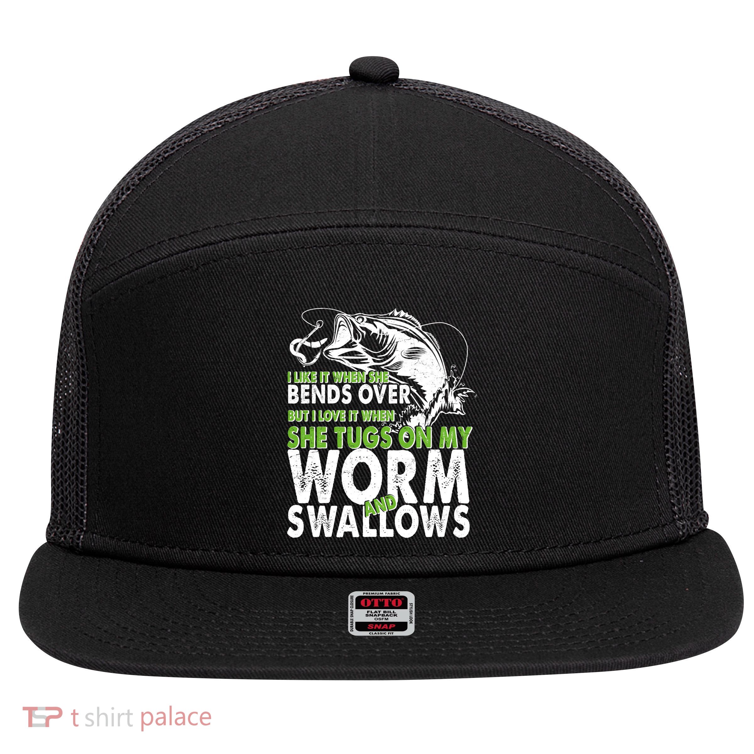I Like It When She Bends Over Fishing Bait 7 Panel Mesh Trucker Snapback Hat