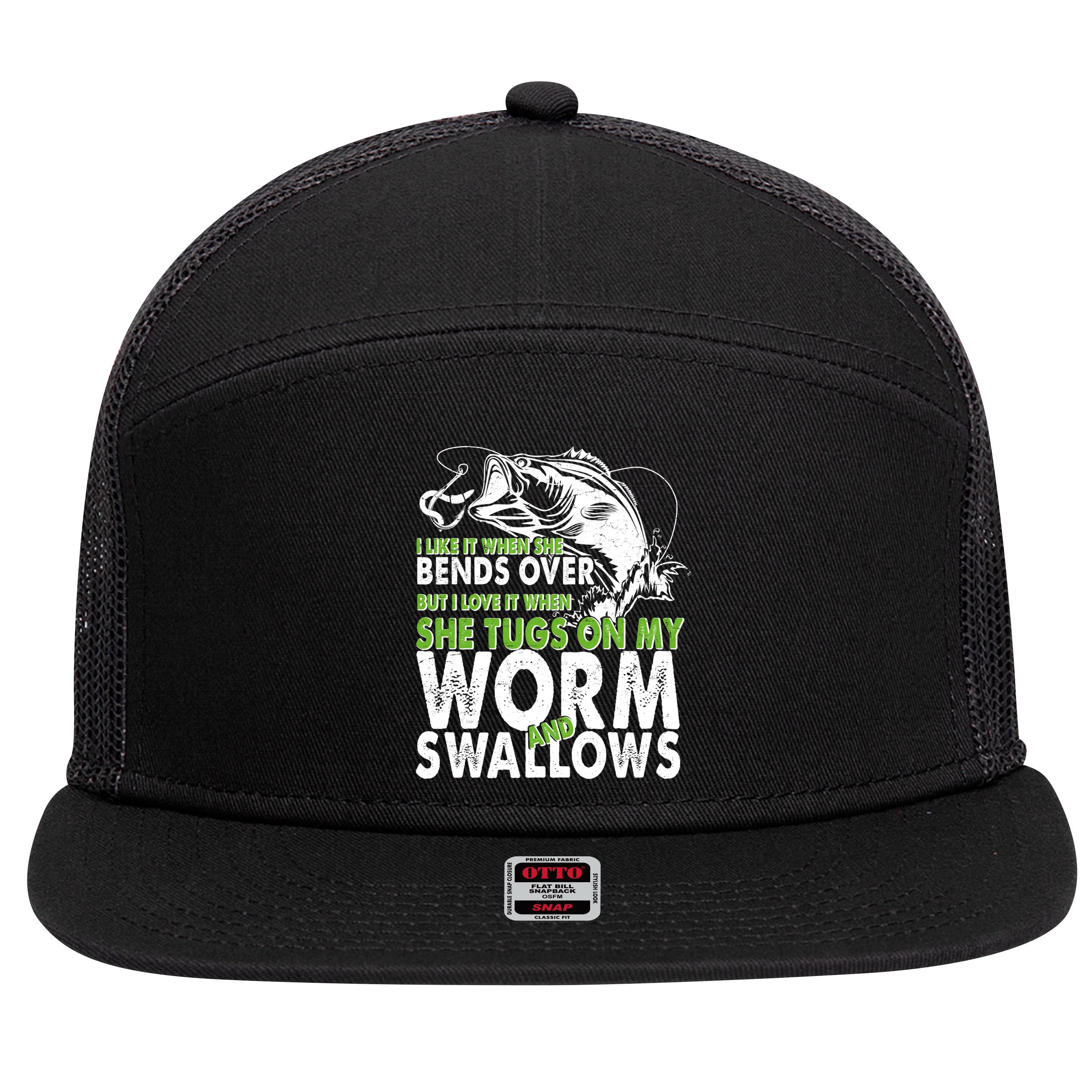 I Like It When She Bends Over Fishing Bait 7 Panel Mesh Trucker Snapback Hat