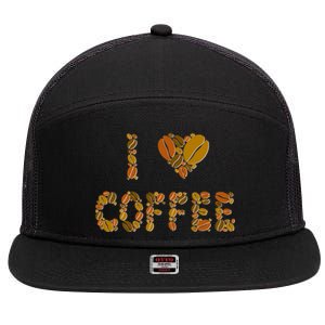 I Love Coffee 7 Panel Mesh Trucker Snapback Hat