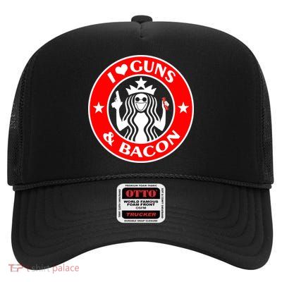 I Love Guns And Bacon High Crown Mesh Back Trucker Hat