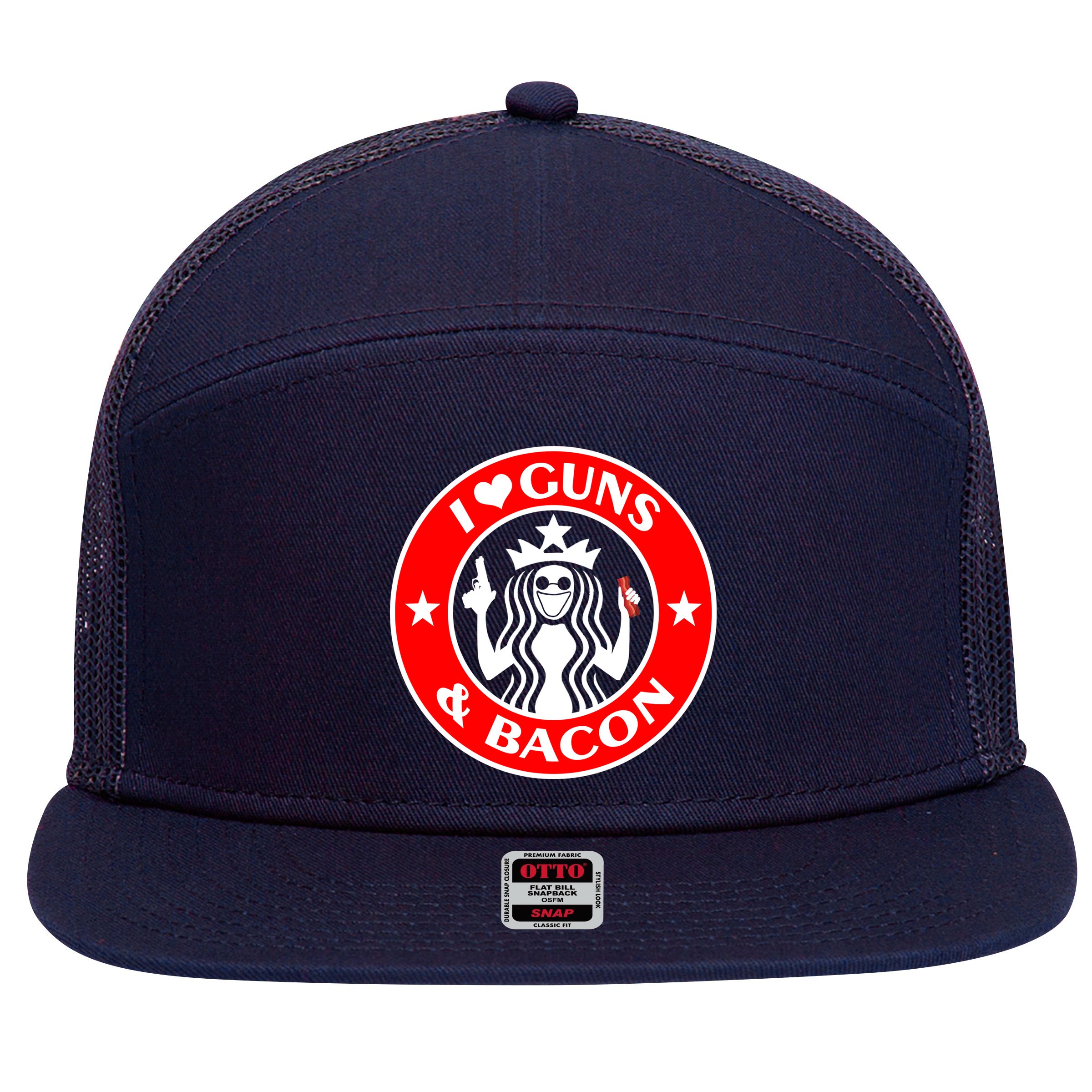 I Love Guns And Bacon 7 Panel Mesh Trucker Snapback Hat