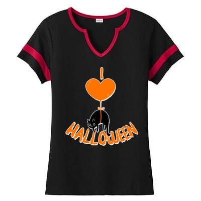 I Love Heart Halloween Cute Black Cat Balloon Ladies Halftime Notch Neck Tee