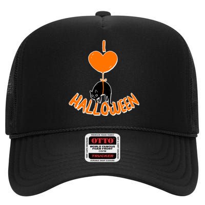 I Love Heart Halloween Cute Black Cat Balloon High Crown Mesh Back Trucker Hat