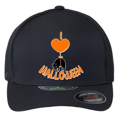 I Love Heart Halloween Cute Black Cat Balloon Flexfit Unipanel Trucker Cap