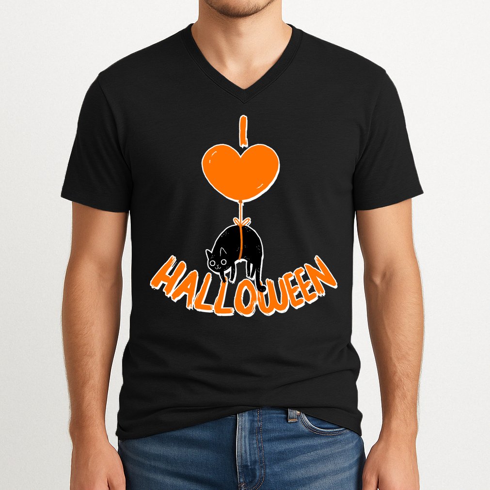 I Love Heart Halloween Cute Black Cat Balloon V-Neck T-Shirt