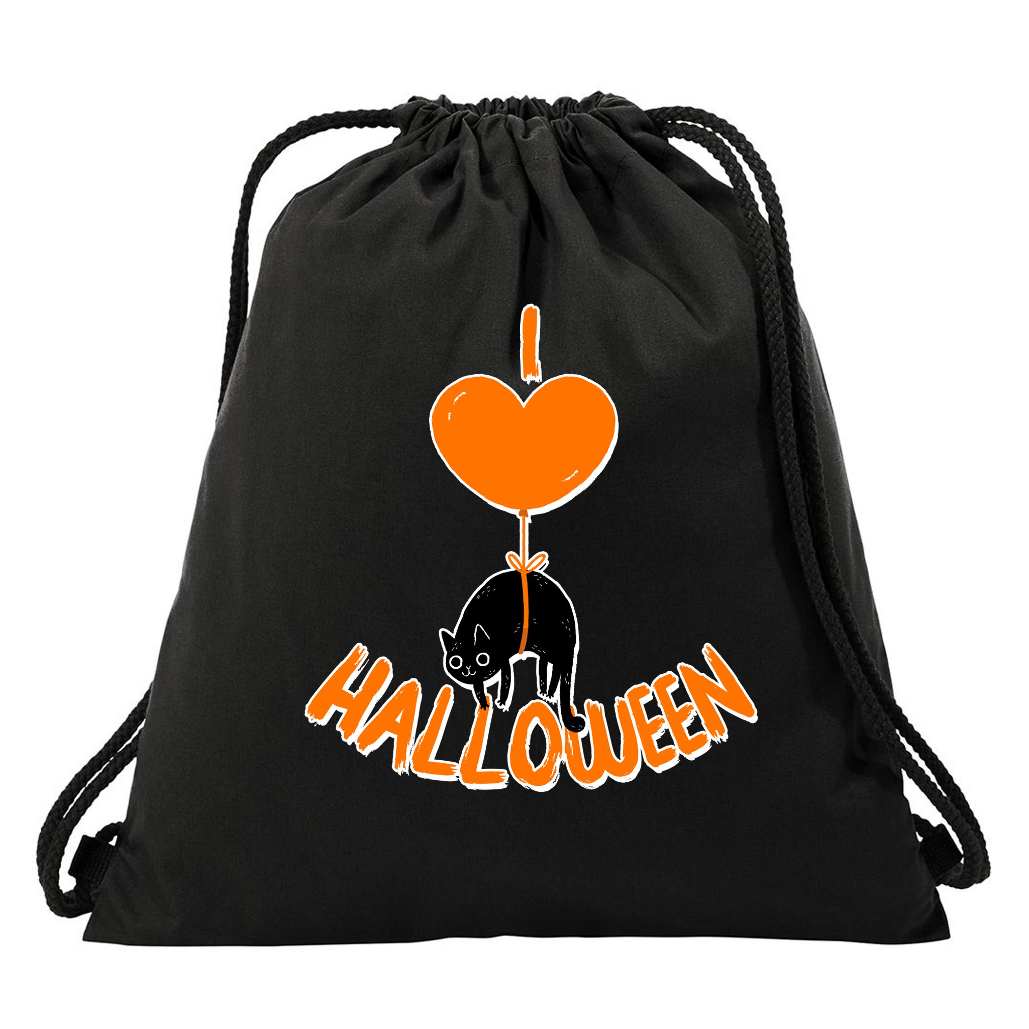 I Love Heart Halloween Cute Black Cat Balloon Drawstring Bag