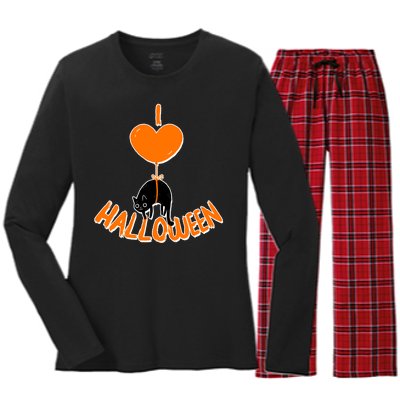 I Love Heart Halloween Cute Black Cat Balloon Women's Long Sleeve Flannel Pajama Set 