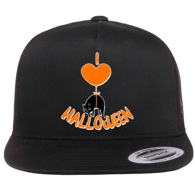 I Love Heart Halloween Cute Black Cat Balloon Flat Bill Trucker Hat