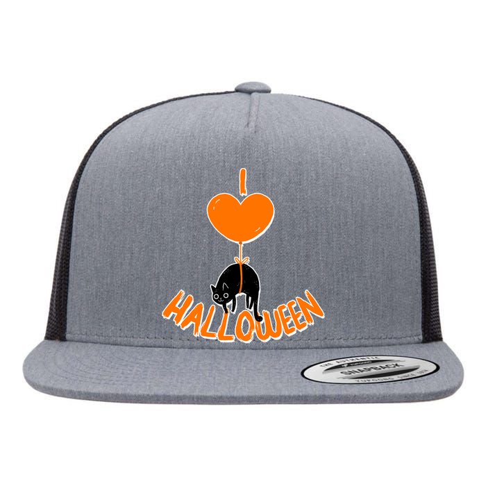 I Love Heart Halloween Cute Black Cat Balloon Flat Bill Trucker Hat