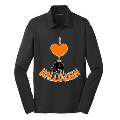 I Love Heart Halloween Cute Black Cat Balloon Silk Touch Performance Long Sleeve Polo