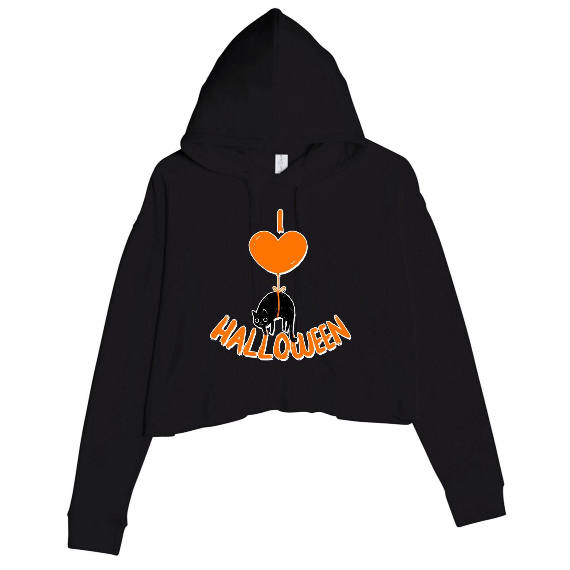 I Love Heart Halloween Cute Black Cat Balloon Crop Fleece Hoodie