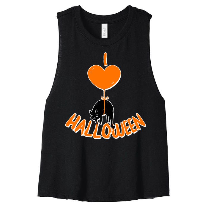 I Love Heart Halloween Cute Black Cat Balloon Women's Racerback Cropped Tank