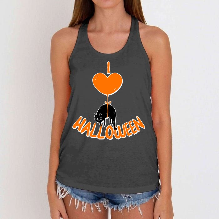 I Love Heart Halloween Cute Black Cat Balloon Women's Knotted Racerback Tank