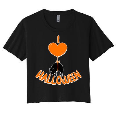 I Love Heart Halloween Cute Black Cat Balloon Women's Crop Top Tee