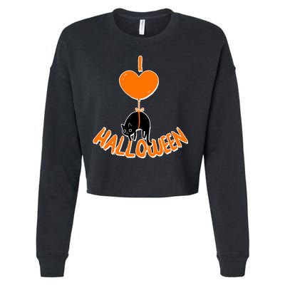 I Love Heart Halloween Cute Black Cat Balloon Cropped Pullover Crew