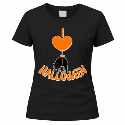 I Love Heart Halloween Cute Black Cat Balloon Women's T-Shirt