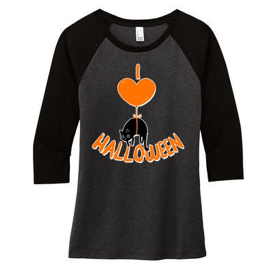 I Love Heart Halloween Cute Black Cat Balloon Women's Tri-Blend 3/4-Sleeve Raglan Shirt