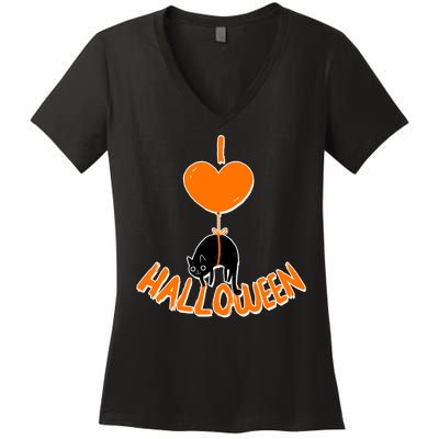 I Love Heart Halloween Cute Black Cat Balloon Women's V-Neck T-Shirt