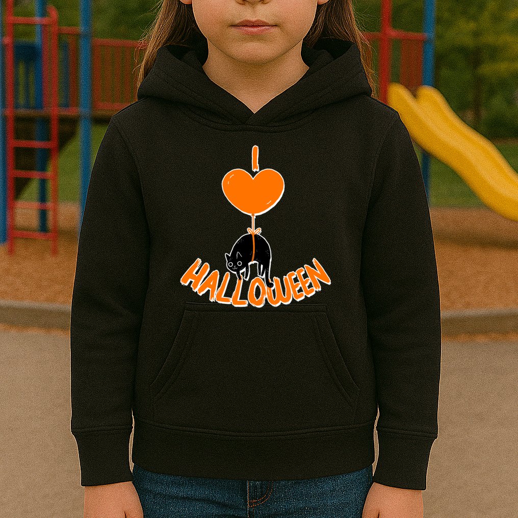 I Love Heart Halloween Cute Black Cat Balloon Kids Hoodie