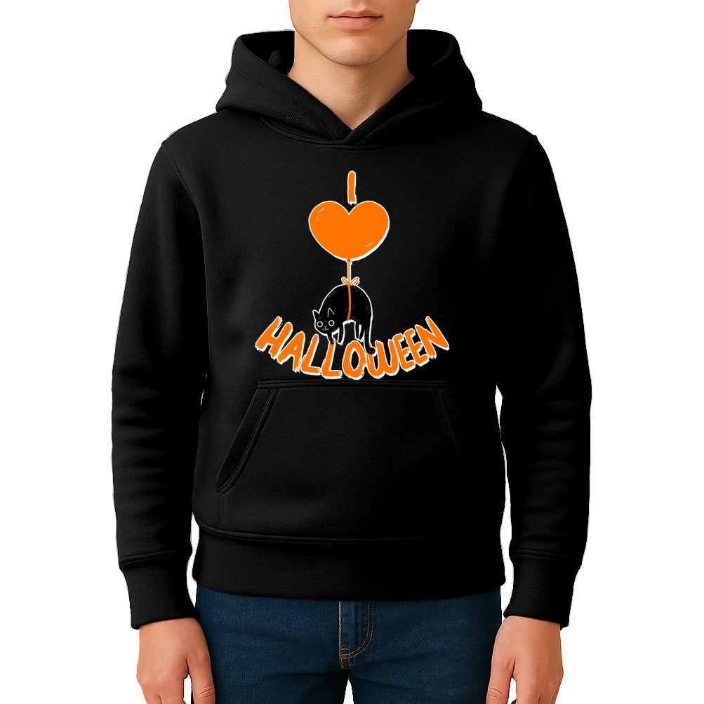 I Love Heart Halloween Cute Black Cat Balloon Kids Hoodie